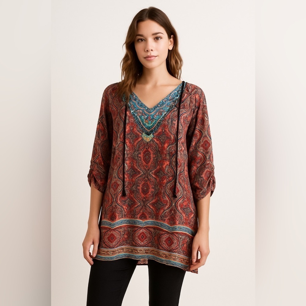 Tolani Sz XL Womens RED 100% Silk Floral Bohemian Lagenlook Tunic Dress NWOT